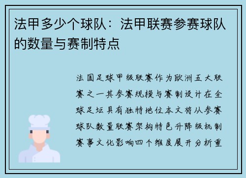 法甲多少个球队：法甲联赛参赛球队的数量与赛制特点